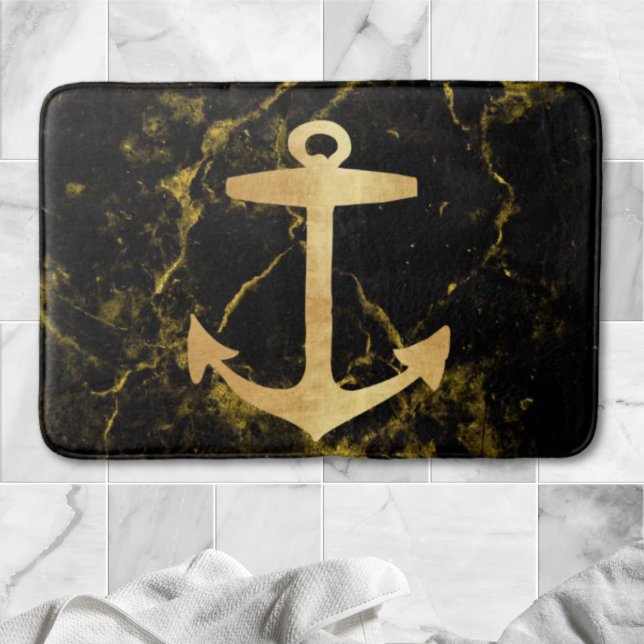 Goldanker aus schwarzem Marmor mit minimalistische Badematte (beach minimalist chic gold anchor black marble bath mat)