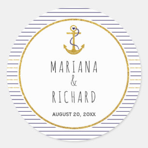 Goldanker & blaue Streifen nautische Hochzeit Runder Aufkleber