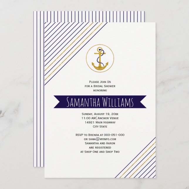 Goldanker Streifen nautisches Hochzeitsfest Brautp Einladung (Vorne/Hinten)