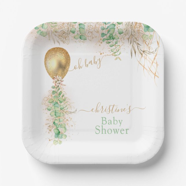 Goldballon Eucalyptus Glitzer Babydusche Pappteller (Vorderseite)
