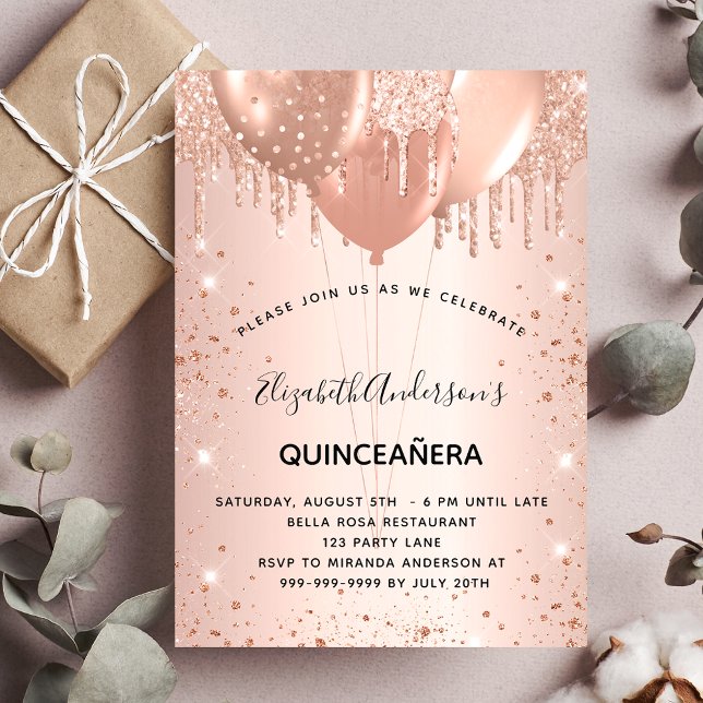 Goldballons aus Quinceanera-Rose Einladung (Von Creator hochgeladen)