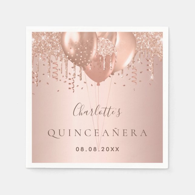 Goldballons der Quinceanera-Rose Serviette (Vorderseite)
