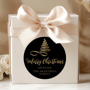 Goldband-Baum Frohe Weihnachten Schrift Schwarz Runder Aufkleber