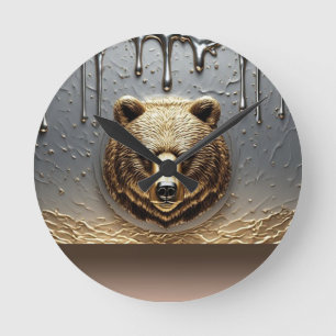 Goldbär-Relief mit Metall-Tropfeffekt 🐻 Runde Wanduhr