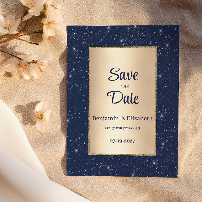 Goldbarsch-Glitzer-Konfetti Save the Date Einladung (Navy blue gold glitter confetti Save the Date)
