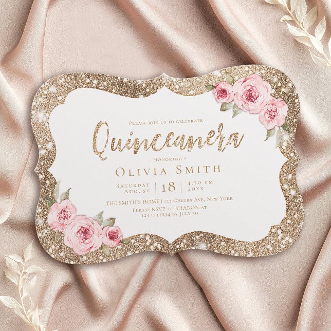 Goldbarsch-Glitzer und rosa Blumenzwiebeln Einladung (Sparkle gold glitter and pink floral Quinceanera Invitation)