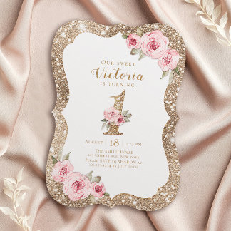 Goldbarsch Glitzer und rosa Blüte 1. Geburtstag Einladung