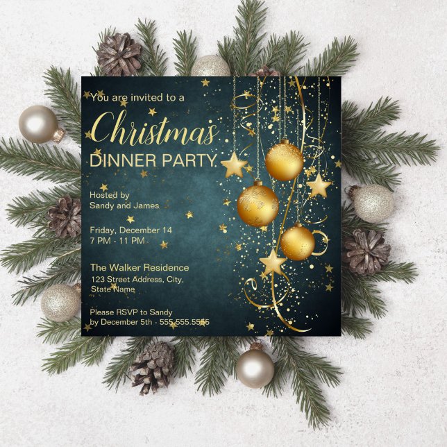 Goldbaubles und Sterne dunkelgrüne Weihnachten aqu Einladung (Gold baubles and stars dark teal green Christmas Invitation starry night christmas party invitation )