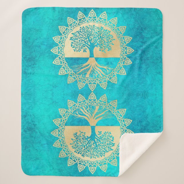 Goldbaum des Lebens auf Türkis Sherpadecke (Vorderseite)