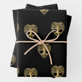 Goldbaum des Lebens Schwarzes Muster Geschenkpapier Set