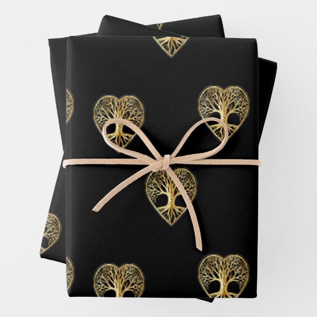Goldbaum des Lebens Schwarzes Muster Geschenkpapier Set (Beispiel)