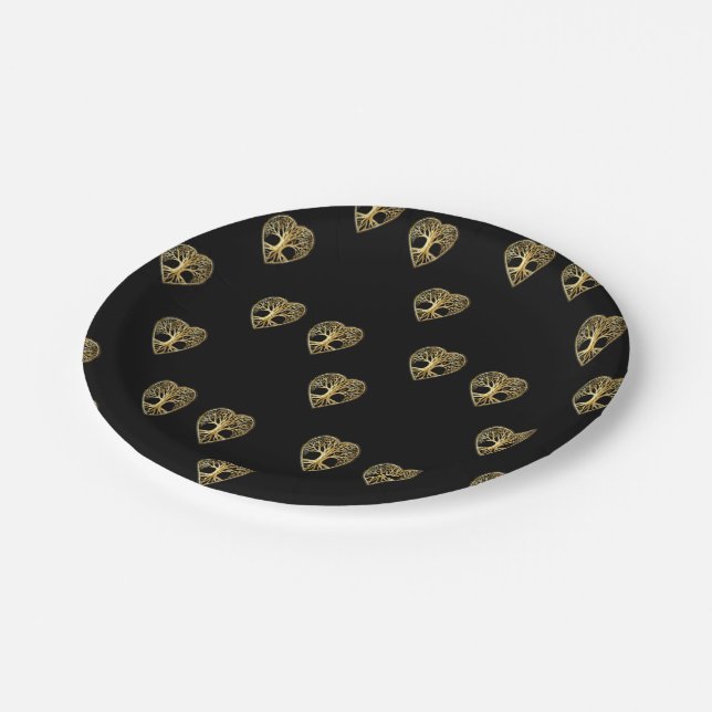 Goldbaum des Lebens Schwarzes Muster Pappteller (Schrägansicht)