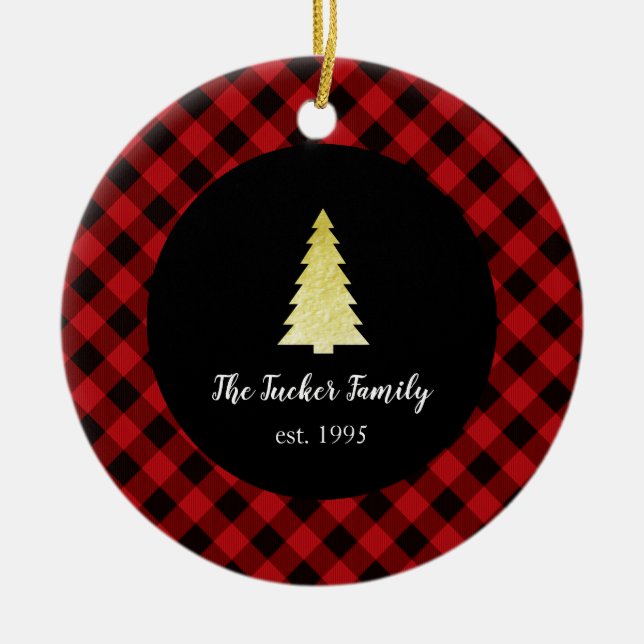 Goldbaum-frohe Weihnacht-Büffel kariert Keramik Ornament (Vorne)