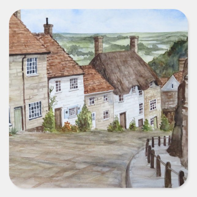 Goldberge, Shaftesbury, Aquarellmalerei Quadratischer Aufkleber (Vorderseite)