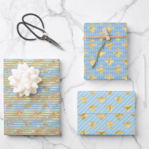 Goldbienen auf Blau und Gold Geschenkpapier Set