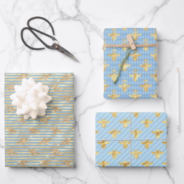Goldbienen auf Blau und Gold Geschenkpapier Set (Vorderseite)