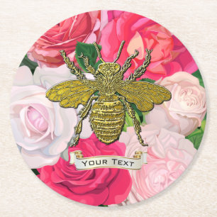 Goldbienen und Rose personalisieren Runder Pappuntersetzer