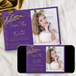 Goldblatt und Kalligrafie Lila Foto Save The Date