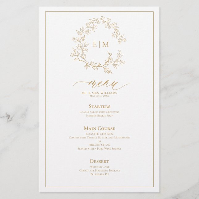 Goldblättriges Wappen Monogram Wedding Menu (Vorderseite)