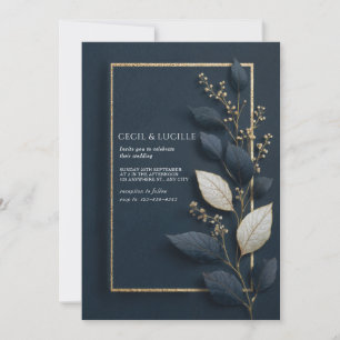 Goldblaue Botanische Blätter Winterhochzeit Einladung
