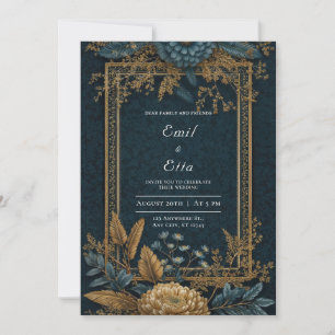 Goldblaue Chrysantheme Art Deco Hochzeit Einladung