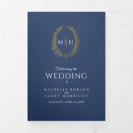 Goldblaue Mono-Kranz-Heirat Dreifach-gefaltete Programmkarte