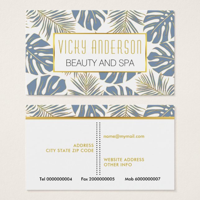 Goldblaue, tropische Blätter - Visitenkarten (Vorne & Hinten)