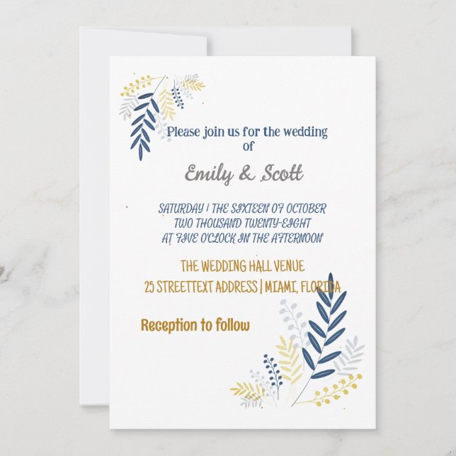 Goldblaue Zweige Hochzeitseinladungen Einladung (Vorderseite)
