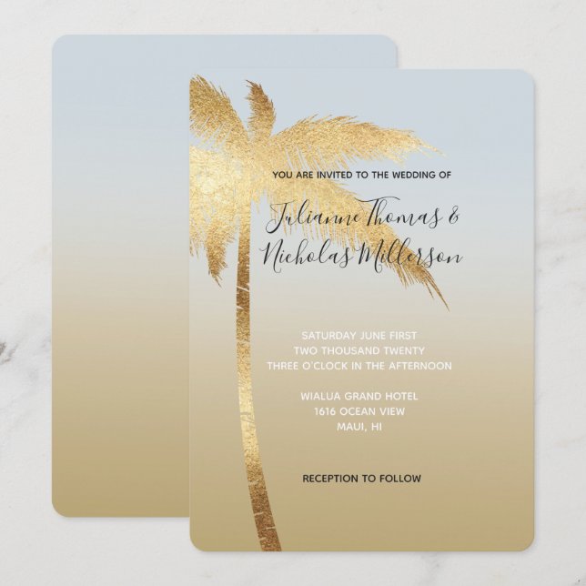 Goldblauer Palm Tree Ombre Hochzeit Einladung (Vorne/Hinten)
