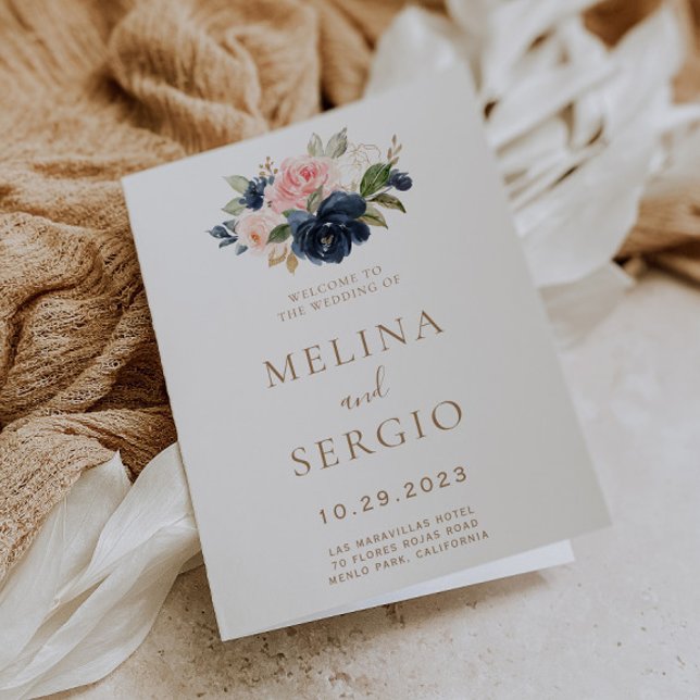 Goldblauer Rosa Blume geklappte Hochzeit Programm (Von Creator hochgeladen)