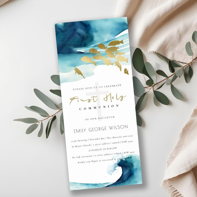 Goldblauer Unterwasserseefisch Erste Heilige Kommu Einladung (Von Creator hochgeladen)