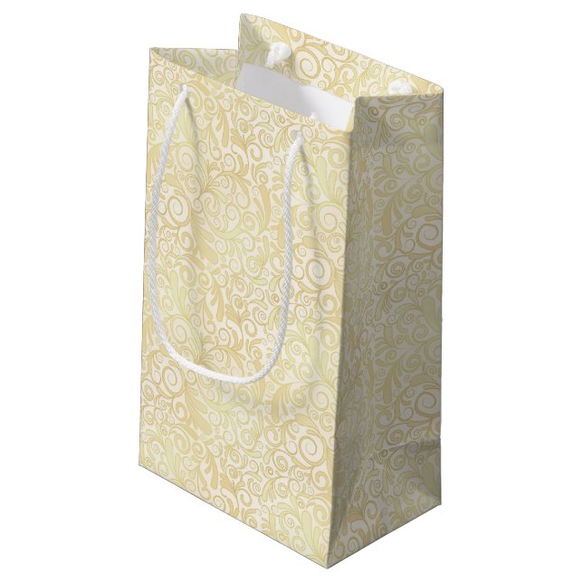 GoldblumenBlättermuster Kleine Geschenktüte (Rückseite Schrägansicht)