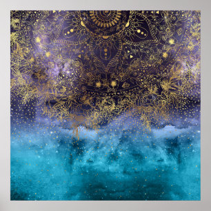 GoldblumenMandala- und -Confettibild Poster