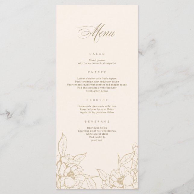 Goldblumenpeony, Ivory Wedding Menu Card Programm (Vorderseite)