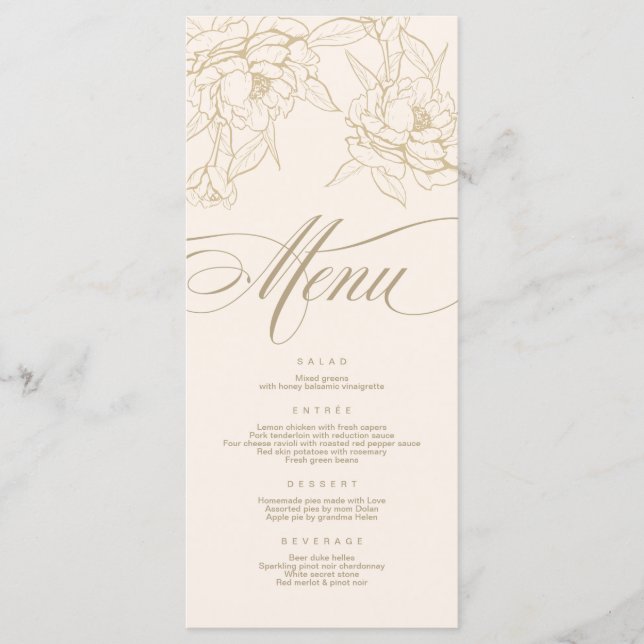 Goldblumenpeony, Ivory Wedding Menu Card Programm (Vorderseite)