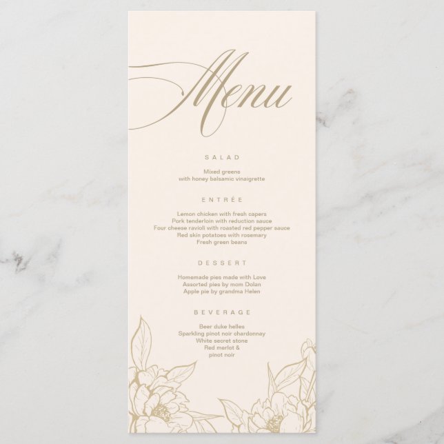 Goldblumenpeony, Ivory Wedding Menu Card Programm (Vorderseite)