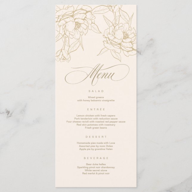 Goldblumenpeony, Ivory Wedding Menu Card Programm (Vorderseite)