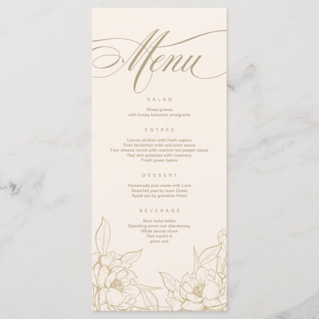 Goldblumenpeony, Ivory Wedding Menu Card Programm (Vorderseite)