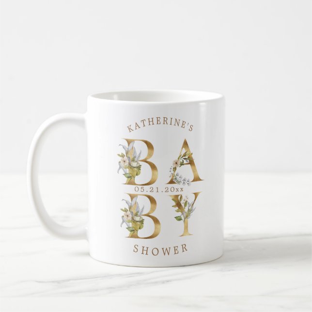 Goldblütenbriefe Babydusche Monogramm Kaffeetasse (Links)