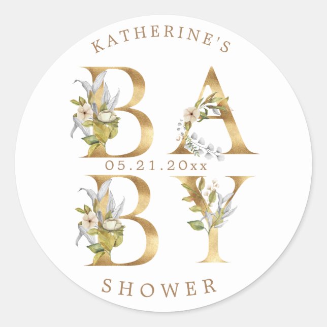 goldblütige Briefe Babydusche Monogramm Classic od Runder Aufkleber (Vorderseite)