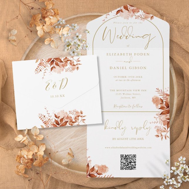 Goldbogen Herbst Herbst Floral QR-Code Hochzeit All In One Einladung (Gold Arch Autumn Fall Floral QR Code Wedding All In One Invitation)