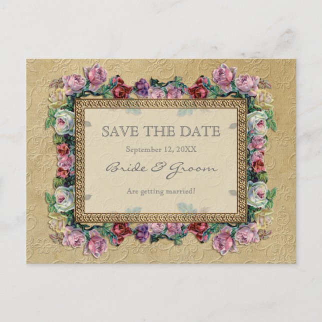 Goldbrakade, florales Formal Save the Date Ankündigungspostkarte (Vorderseite)