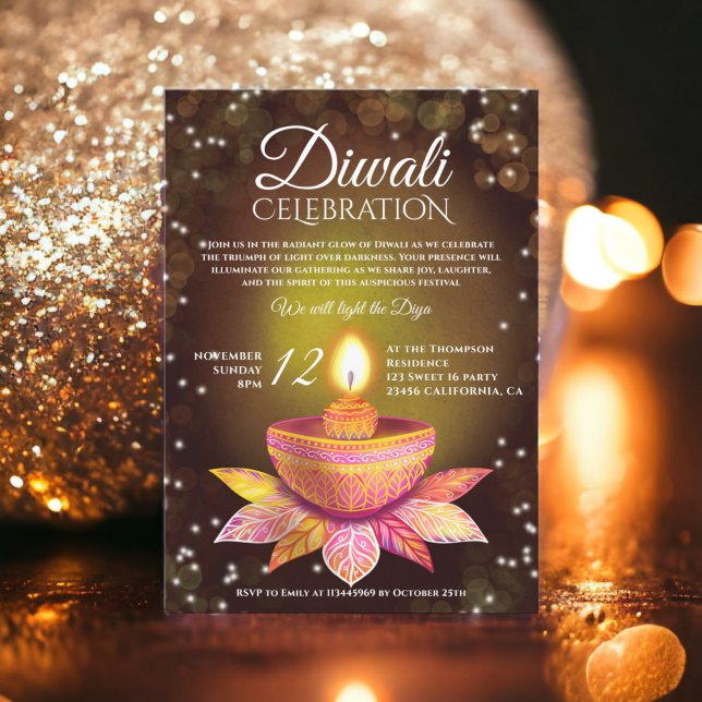 Goldbraune Diwali Lampen-Lichtbildskript Einladung (Gold brown Diwali Lamps light illustration script Invitation)