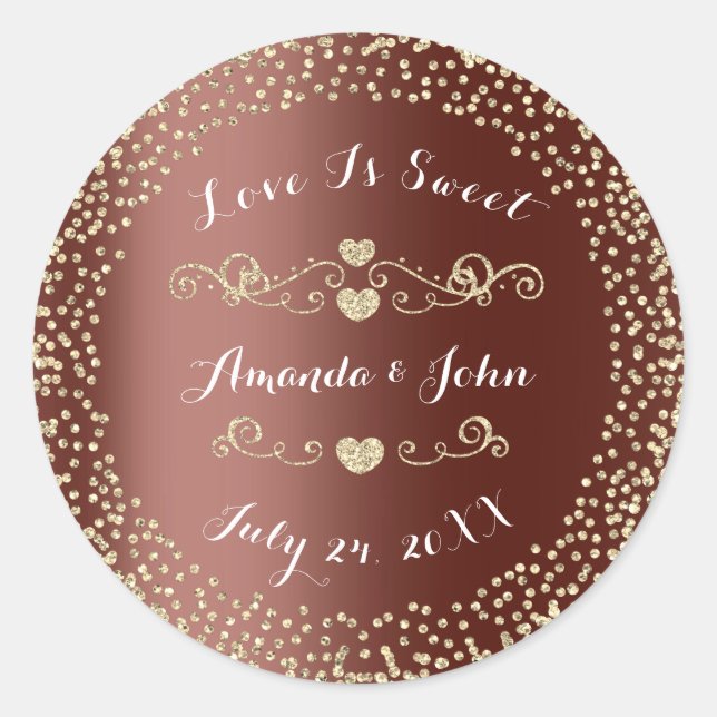 Goldbrauner Glitzer Save the Date Liebe ist süß Runder Aufkleber (Vorderseite)