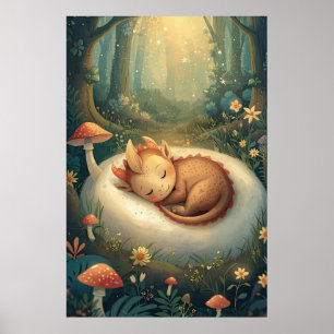 Goldbrauner schlafender Baby-Drache im Wald-Kinder Poster