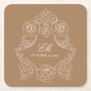 Goldbraunes vintage Monogrammwappen Hochzeitslogo Rechteckiger Pappuntersetzer