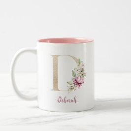 Goldbrief D, Monogramm D, rosa Blumengeschenk ihr Zweifarbige Tasse