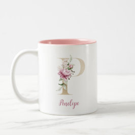 Goldbrief P, Monogramm P, rosa Blumengeschenk ihr Zweifarbige Tasse