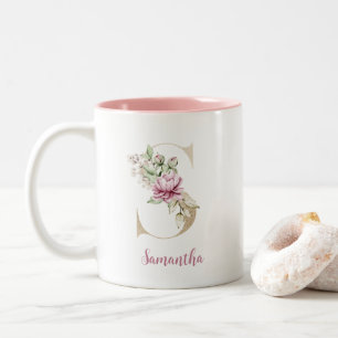 Goldbrief S, Monogramm S, rosa Blumengeschenk ihr Zweifarbige Tasse
