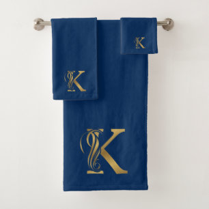 Goldbriefe für Luxus-Monogramm-Gold K auf Blau Badhandtuch Set